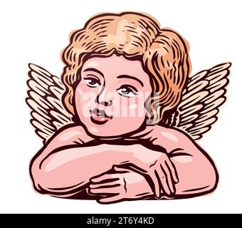 Cute little baby angel with wings. Hand drawn color vector illustration Stock Vector