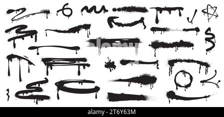 Set of black spray paint drips, abstract lines and ink splatters. Arrow, inky blots with graffiti grunge texture. Strokes, brush stains with spatter and drops. Vector design elements in street style. Stock Vector