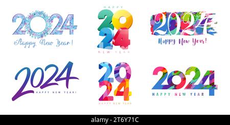 2024 creative colored big set of Happy New Year logo design. Vector illustration with colorful numbers snowflake, 3D, grunge brush, calligraphy, facet Stock Vector