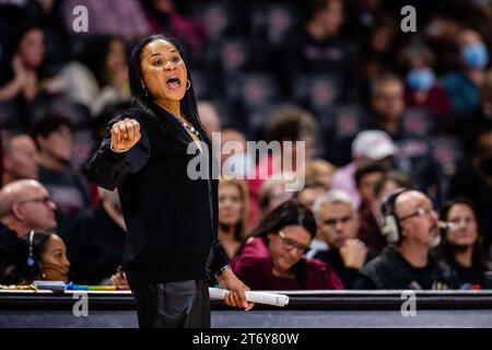 November 12, 2023: South Carolina Gamecocks head coach Dawn Staley calls the play during the first quarter of the SEC Womens Basketball matchup against the Maryland Terrapins at Colonial Life Arena in Columbia, SC. (Scott Kinser/CSM) Stock Photo