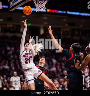 November 12, 2023: South Carolina Gamecocks forward Chloe Kitts (21) shoots against the Maryland Terrapins during the third quarter of the SEC Womens Basketball matchup at Colonial Life Arena in Columbia, SC. (Scott Kinser/CSM) Stock Photo