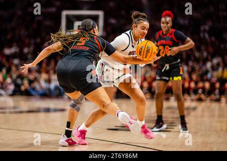 November 12, 2023: Maryland Terrapins guard Brinae Alexander (5) fouls South Carolina Gamecocks guard Tessa Johnson (5) during the second quarter of the SEC Womens Basketball matchup at Colonial Life Arena in Columbia, SC. (Scott Kinser/CSM) Stock Photo