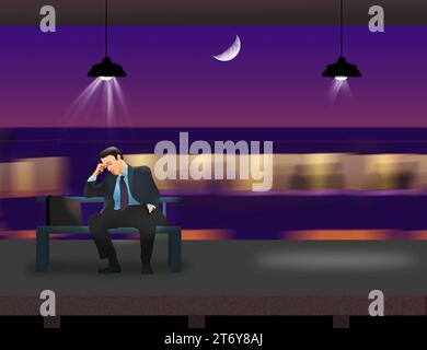 A tired train or subway commuter looks exhausted after a long day as he waits for a train in a station at night. This is a 3-d illustration. Stock Photo