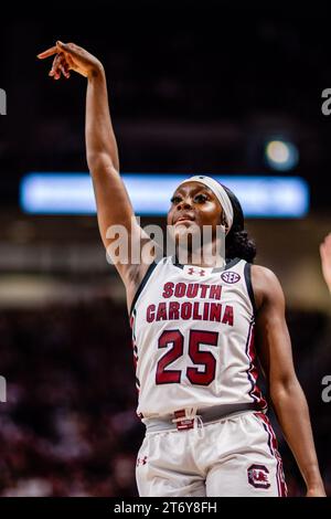 November 12, 2023: South Carolina Gamecocks guard Raven Johnson (25) celebrates a three point basket during the fourth quarter of the SEC Womens Basketball matchup at Colonial Life Arena in Columbia, SC. (Scott Kinser/CSM) Stock Photo