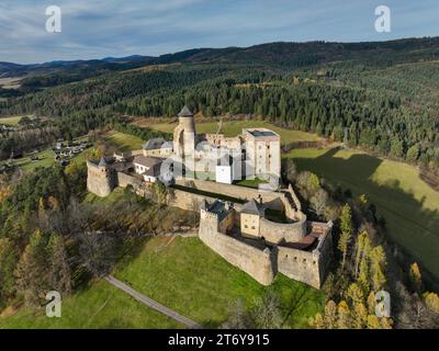 Aerial view of Stara Lubovna castle, Slovakia. Stock Photo