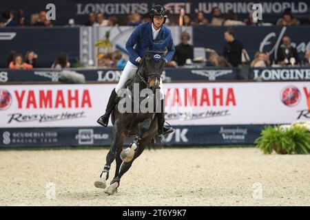 Martin Fuchs (SUI) riding Conner Jei in action during the CSI5* - W Longines FEI World Cup Competition presented by Scuderia 1918 - Verona Jumping at 125th edition of Fieracavalli on November 12, 2023, Verona, Italy. Stock Photo