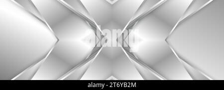 Abstract geometric wide metallic background with silver gradient lines, frame, arrows and shadows. Elegant luxury light silver color wide banner Stock Vector