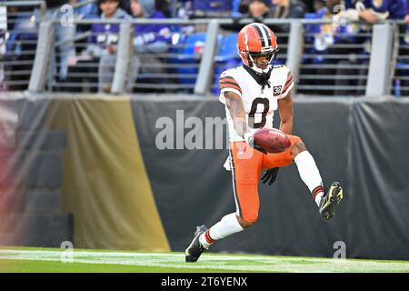 Baltimore, United States. 12th Nov, 2023. Cleveland Browns cornerback Greg Newsome II (0) celebrates an interception for a touchdown against the Baltimore Ravens during the second half at M&T Bank Stadium in Baltimore, Maryland, on Sunday, November 12, 2023. Cleveland won 33-31. Photo by David Tulis/UPI Credit: UPI/Alamy Live News Stock Photo