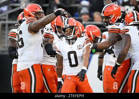 Baltimore, United States. 12th Nov, 2023. Cleveland Browns cornerback Greg Newsome II (0) celebrates an interception for a touchdown against the Baltimore Ravens during the second half at M&T Bank Stadium in Baltimore, Maryland, on Sunday, November 12, 2023. Cleveland won 33-31. Photo by David Tulis/UPI Credit: UPI/Alamy Live News Stock Photo