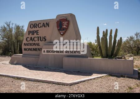 The entrance sign on Highway 85 entering Organ Pipe Cactus National Monument, denoting that it is a biosphere reserve, Ajo, Arizona, USA Stock Photo