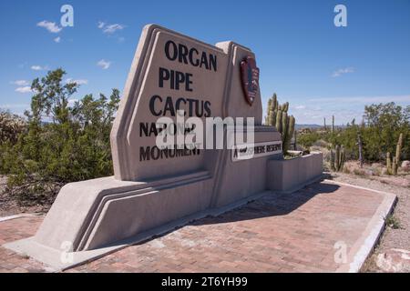 The entrance sign on Highway 85 entering Organ Pipe Cactus National Monument, denoting that it is a biosphere reserve, Ajo, Arizona, USA Stock Photo