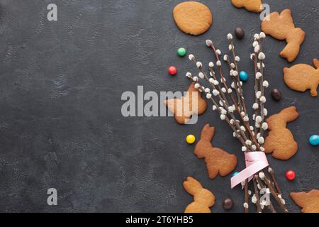 Top view bunny shaped cookies easter with copy space candy Stock Photo