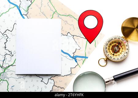 Top view magnifying glass compass Stock Photo