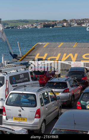 Plymouth, Devon, England, UK. 03.09.2023.  Cars on deck of a roro ferry crossing the River Tamar between Plymouth and Torpoint Stock Photo