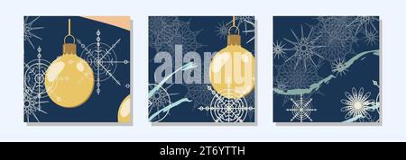 Square winter post templates for social networks. Golden Christmas ball and snowflakes on a dark abstract background. Christmas winter theme. Banner design. Vector illustration. Stock Vector