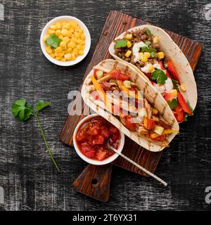 Top view fresh tacos with meat vegetables Stock Photo