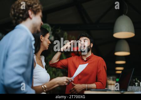Successful Collaboration: Architects and Engineers Discussing Detailed Plans at Coffee Bar Stock Photo