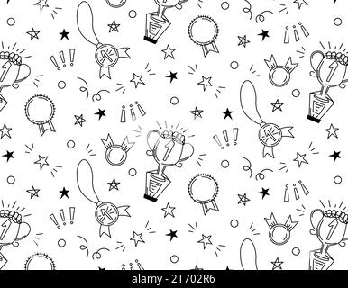 Pattern of awards, cups, medals for winners. Doodle style on isolated white background, vector graphic. Stock Vector