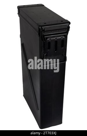 Ammo can black color for artillery shells isolated on white background Stock Photo