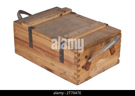 Army ammunition wooden crate isolated on white background. Stock Photo