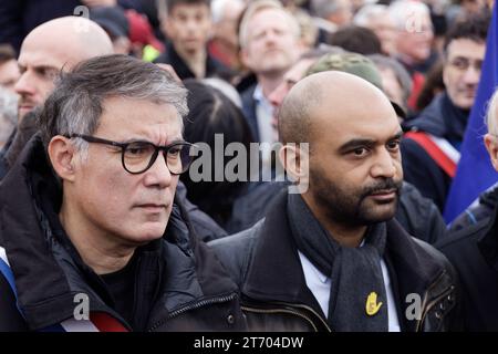 Paris, France. 12Th Nov, 2023. Olivier Faure and president of SOS Racisme Dominique Sopo attend the civic march for the Republic and against anti-Semitism, at the initiative of Gerard Larcher and Yael Braun-Pivet on November 12, 2023 in Paris, France. Credit: Bernard Menigault/Alamy Live News Stock Photo