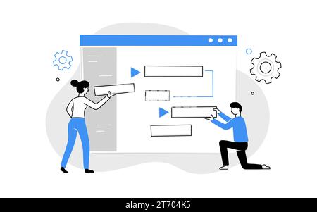 Project manage software work doodle line people. Business project, complete task, management digital methodology system concept doodle with line people. Vector illustration Stock Vector