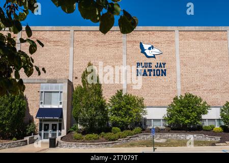 Fulton, MO - Oct. 1, 2023: Champ Auditorium on Westminster College campus features their Blue Jay mascot and Blue Jay Nation signage. Stock Photo