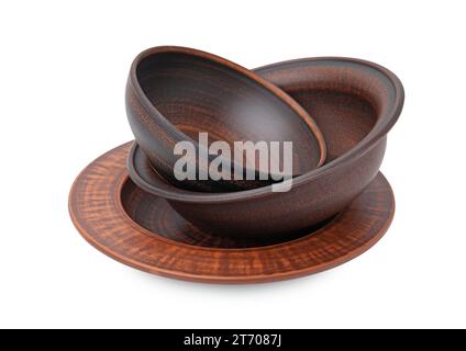 Set of clay dishes isolated on white. Cooking utensils Stock Photo