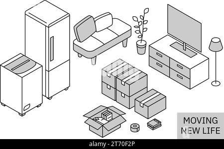 Finding a room for rent: preparing to move in, simple isometric, monochrome, Vector Illustration Stock Vector