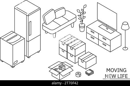 Finding a room for rent: preparing to move in, simple isometric, black and white, Vector Illustration Stock Vector