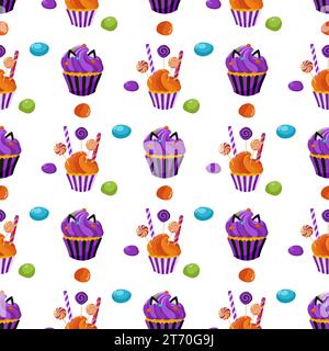 Seamless pattern design with pastries, candies, cookies and cupcake with cream on a white background. Seamless cupcake pattern. For wrapping paper Stock Vector