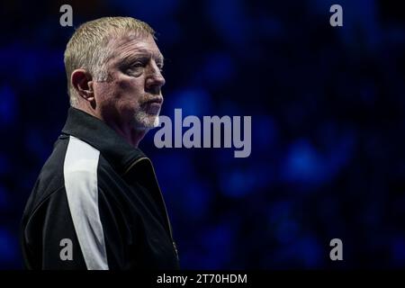 Turin, Italy. 12 November 2023. Boris Becker, coach of Holger Rune, looks on during the round robin singles match between Novak Djokovic of Serbia and Holger Rune of Denmark during day one of the Nitto ATP Finals. Novak Djokovic won 7-6(4), 6-7(1), 6-3. Credit: Nicolò Campo/Alamy Live News Stock Photo