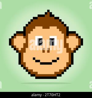 8 bits of monkey head pixels. Animals for game assets and cross stitch patterns in vector illustrations. Stock Vector