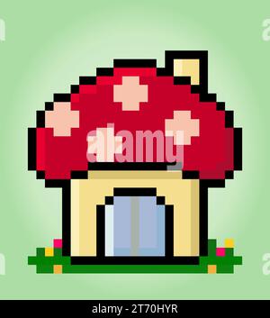 8 bit pixel mushroom house. Building for game assets and cross stitch patterns in vector illustrations. Stock Vector