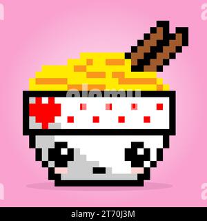 8 bit pixel of noodle on bowl. Doodle for game assets and cross stitch patterns in vector illustrations. Stock Vector