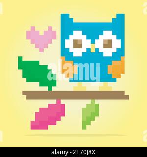 8 bit pixels owl on tree. Animals for game assets and cross stitch patterns in vector illustrations. Stock Vector