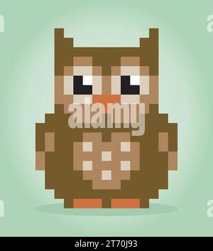 8 bit pixels owl. Animals for game assets and cross stitch patterns in vector illustrations. Stock Vector