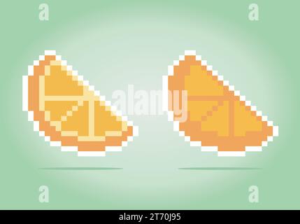 8 bit pixel orange slices. Citrus fruit for game assets and cross stitch patterns in vector illustrations. Stock Vector
