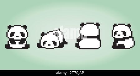 Pixel collection of 8 bit pandas. Animals for game assets and cross stitch patterns in vector illustrations. Stock Vector