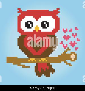 8 bit pixels owl on tree. Animals for game assets and cross stitch patterns in vector illustrations. Stock Vector
