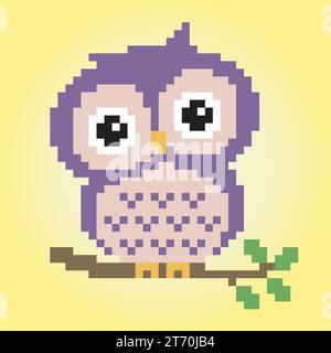 8 bit pixels owl on tree. Animals for game assets and cross stitch patterns in vector illustrations. Stock Vector