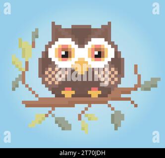 8 bit pixels owl on tree. Animals for game assets and cross stitch patterns in vector illustrations. Stock Vector