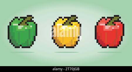 8 bit pixels paprika. vegetables for game assets and cross stitch patterns in vector illustrations. Stock Vector