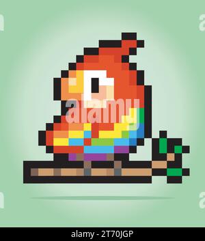 8 bit pixel of parrots. Animals for game assets and cross stitch patterns in vector illustrations. Stock Vector