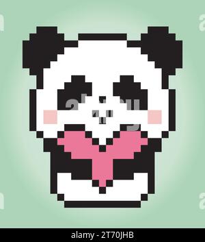 8 bit pixels panda holding love. Animals for game assets and cross stitch patterns in vector illustrations. Stock Vector