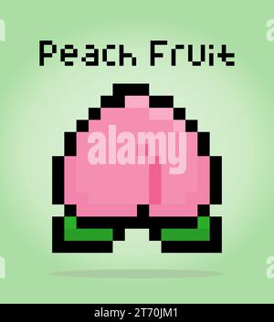 8 bit pixel peach. Pixel Fruits in Vector illustration for game assets or cross stitch pattern. Stock Vector