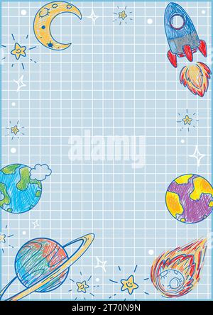 Colorful cartoon drawings of children exploring space on lined notebook pages Stock Vector