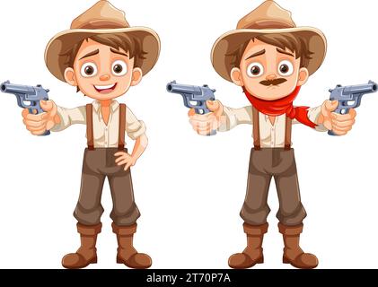 A vector cartoon character of a young cowboy wearing country farmer clothes and holding a gun Stock Vector