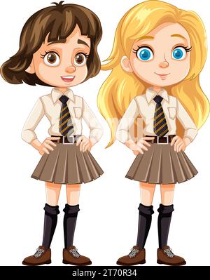 Adorable cartoon characters of two female friends in school uniform Stock Vector