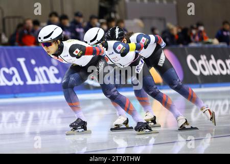 (L-R) Miho Takagi, Ayano Sato, Momoka Horikawa (JPN),  NOVEMBER 11, 2023 - Speed Skating :  ISU Speed Skating World Cup 2023/24 Obihiro Women's Team Pursuit Division A  at Meiji Hokkaido Tokachi Oval in Hokkaido, Japan.  (Photo by AFLO SPORT) Stock Photo